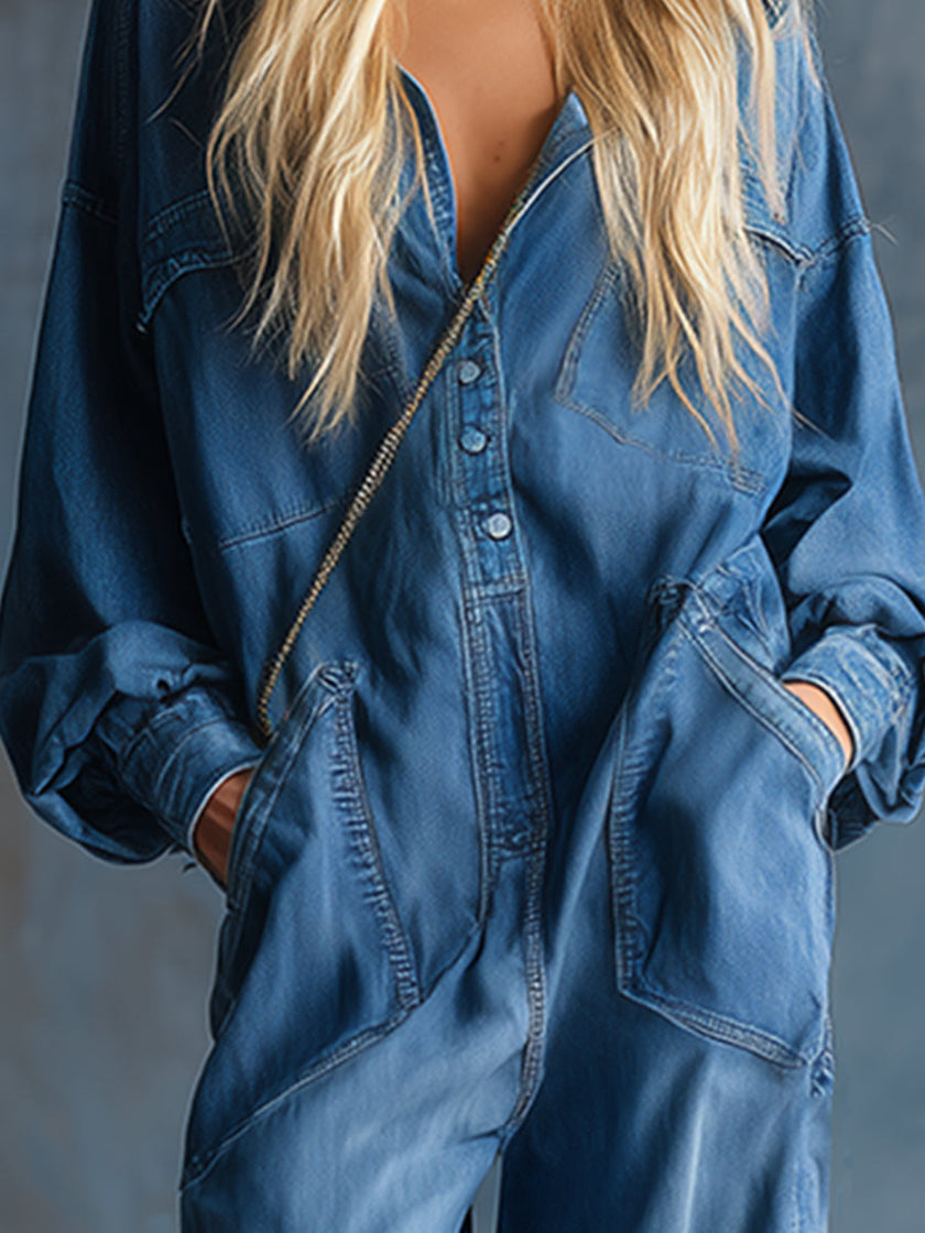 Blue denim hooded jumpsuit with button-front and long sleeves from FJØRNA, shown on a model.