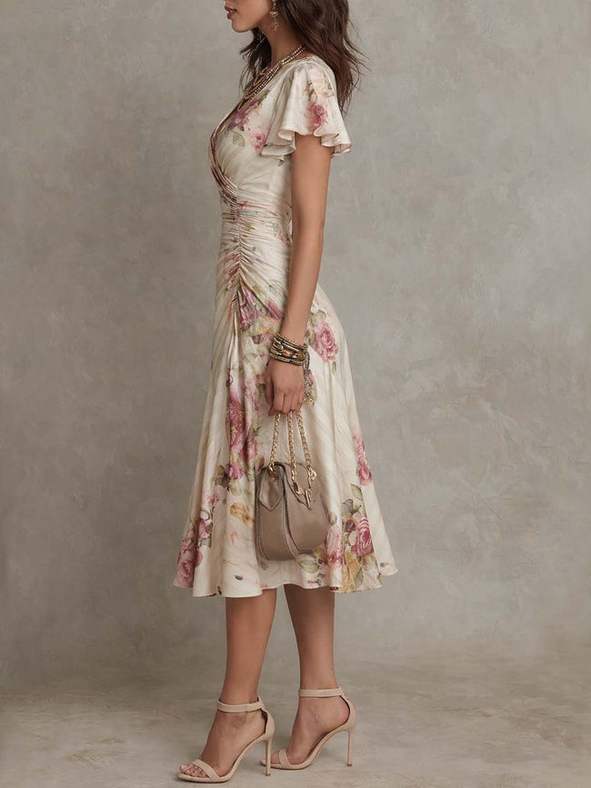 FJØRNA chiffon floral midi dress, elegant evening dress with flowing fabric and vibrant floral pattern, perfect for special occasions