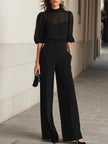 FJØRNA black chiffon top with wide-leg trousers three-piece pants set, stylish and flowy fashion ensemble.