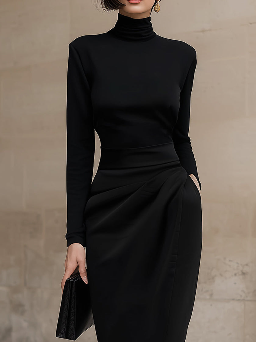 FJØRNA black turtleneck draped midi dress showing sleek fit and elegant draping detail on the front.