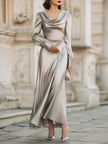 FJØRNA draped cowl neck long evening gown with sleeves, elegant maxi dress ideal for formal occasions