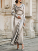 FJØRNA draped cowl neck long evening gown with sleeves, elegant maxi dress ideal for formal occasions