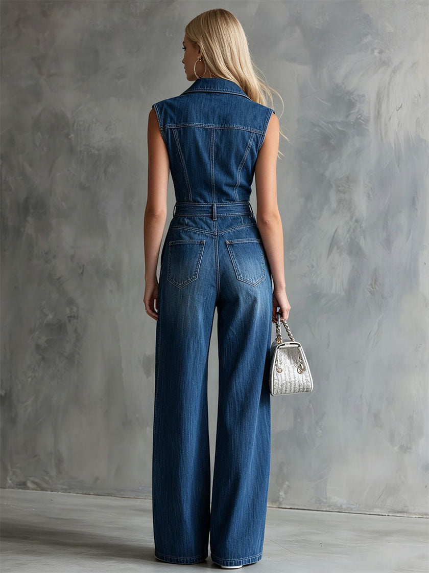 Blue washed denim sleeveless jumpsuit for women with a collared neckline, by FJØRNA, featuring a fitted waist and casual style.