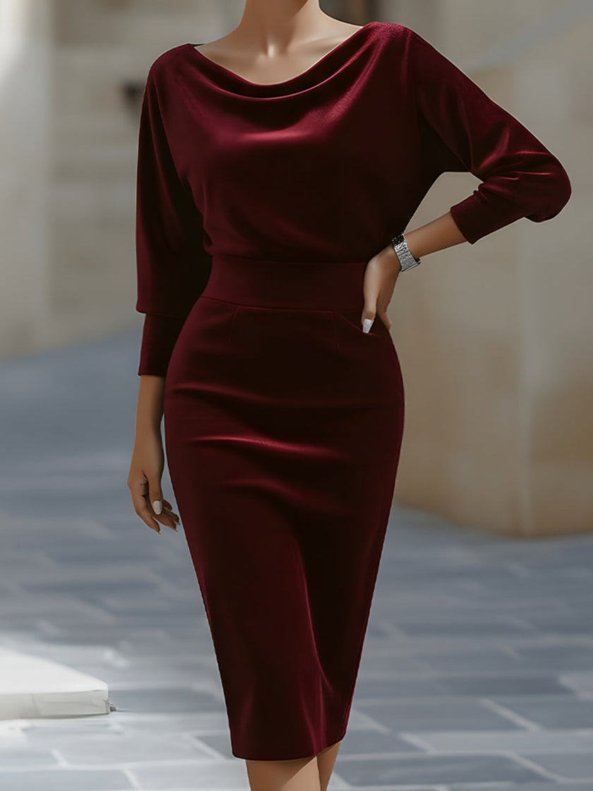 FJØRNA draped boat-neck velvet pencil dress for women, featuring a sleek, fitted silhouette with elegant long sleeves.