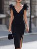 Black Feather-Accented Deep V Bodycon Midi Dress by FJØRNA, featuring a fitted silhouette and feather details on the bodice.