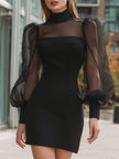 Black sheer puff sleeve mini dress by FJØRNA featuring structured design and black leather accents, suitable for stylish occasions.
