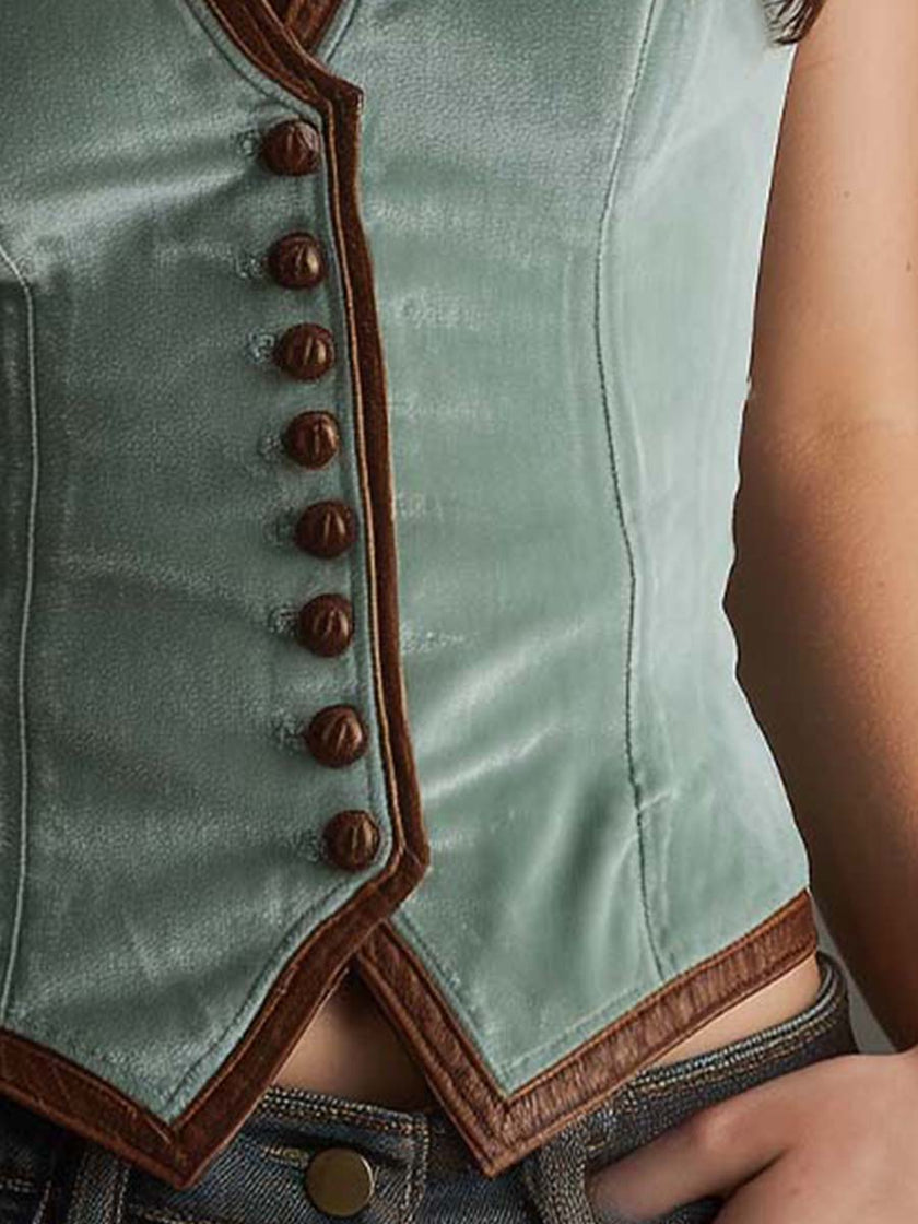 FJØRNA Sage velvet slim-fit waistcoat tank top with leather trim, stylish and tailored for a sleek look