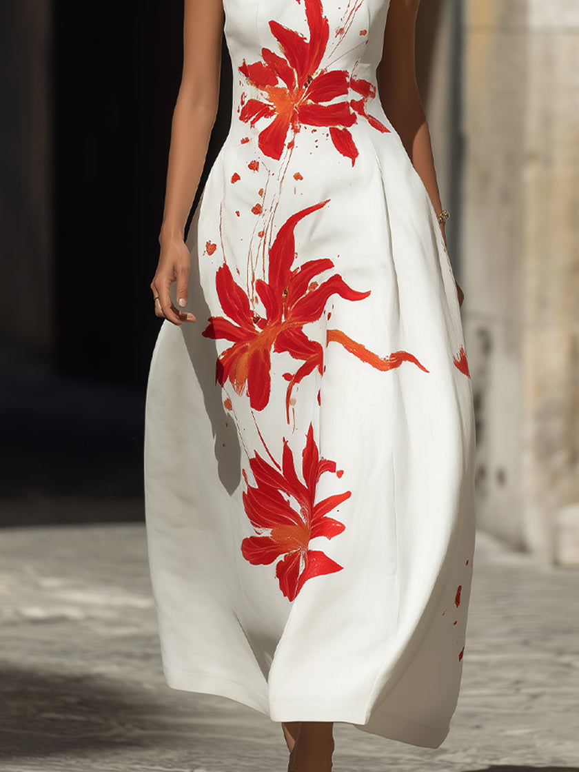 FJØRNA modern Mandarin collar floral maxi dress with red lily print, featuring elegant design and flowing fabric.