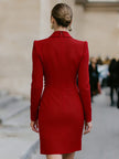 FJØRNA gold-tone button accented structured blazer mini dress, stylish and fitted for a chic evening look.