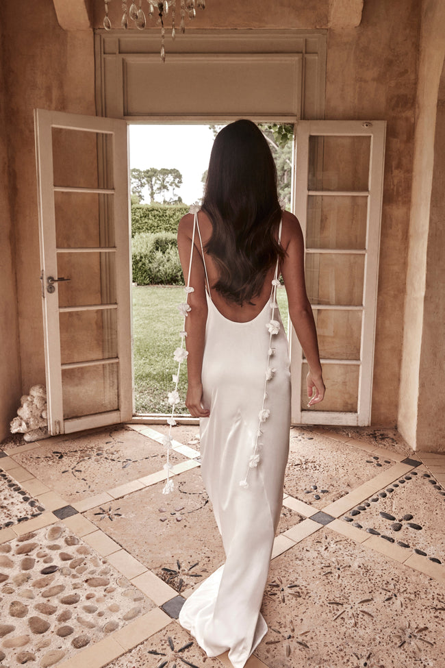 FJØRNA Studio | Satin Bridal Gown with 3D Floral Straps and Low Back