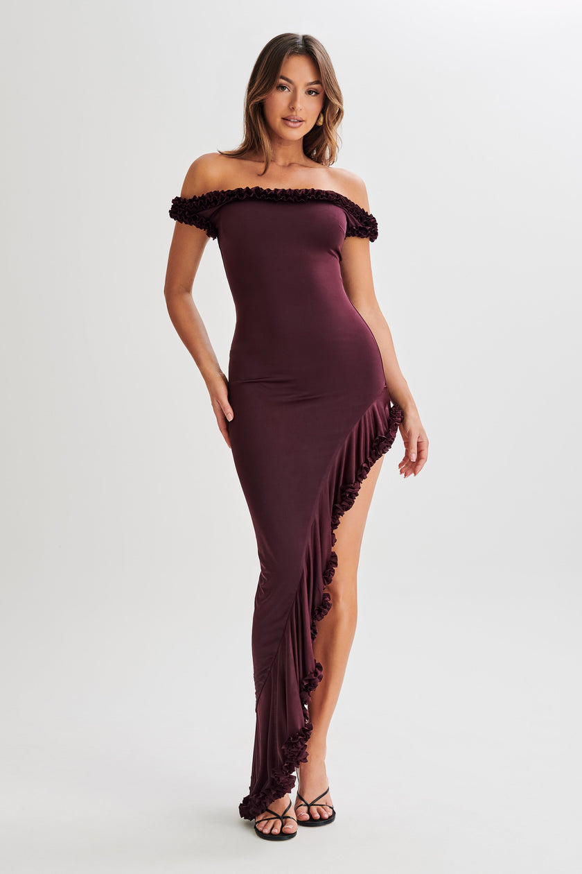 FJØRNA Studio | Off-Shoulder Ruffle Slit Midi Dress