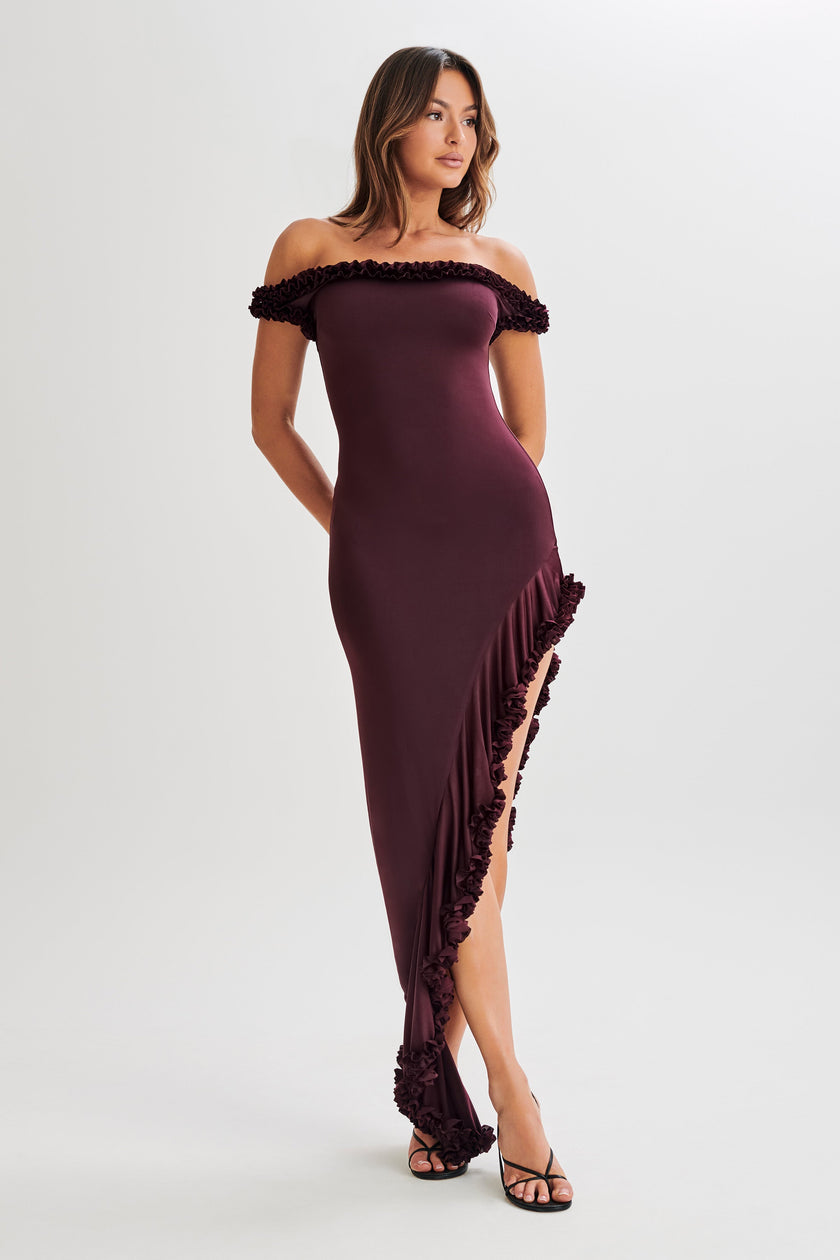 FJØRNA Studio | Off-Shoulder Ruffle Slit Midi Dress