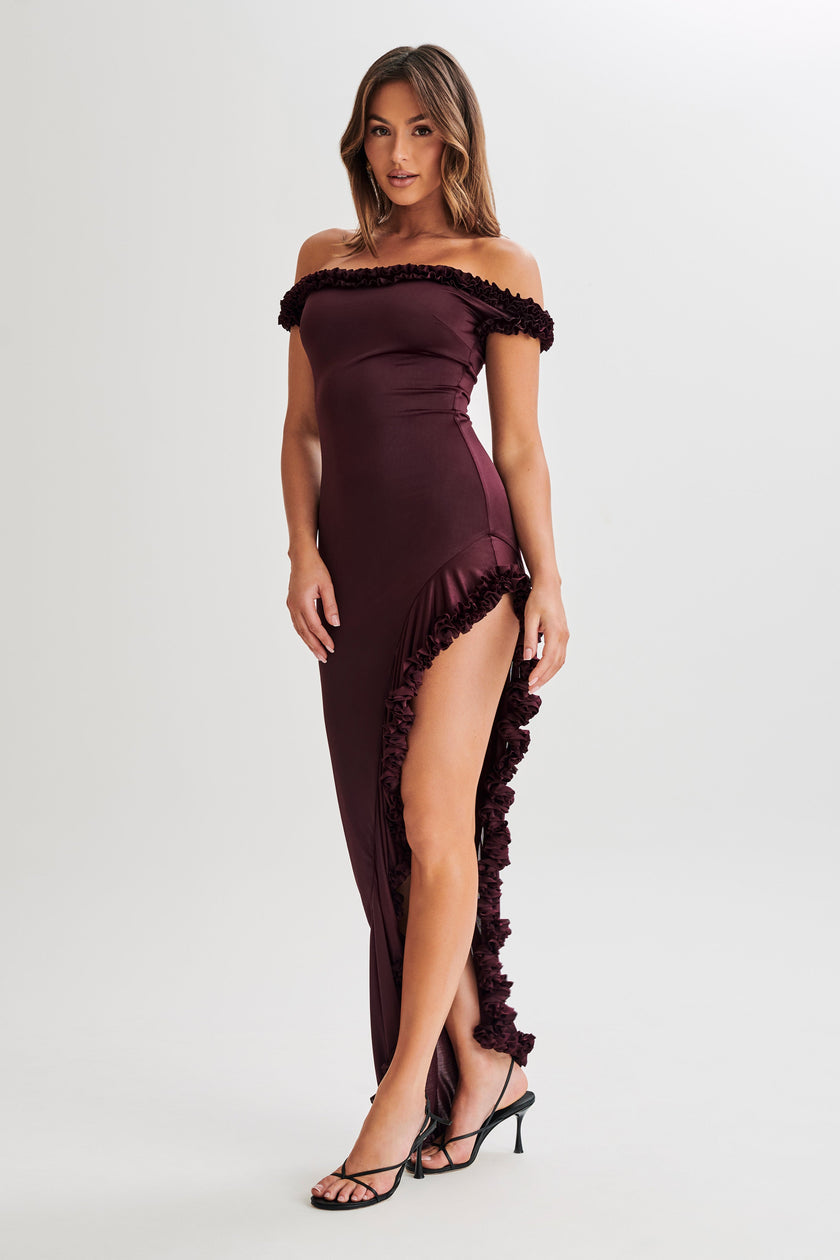 FJØRNA Studio | Off-Shoulder Ruffle Slit Midi Dress