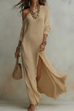 FJØRNA solid color slant collar long sleeve maxi dress for women, featuring a flowing design and elegant collar detail.