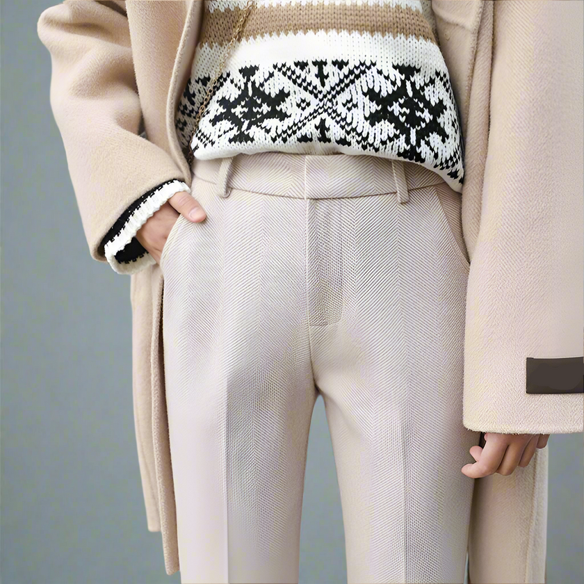 FJØRNA women's wool blend trousers, stylish pants with a tailored fit, featuring a classic waist and full-length design.