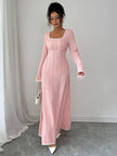FJØRNA white A-line ribbed knit maxi dress with square neckline and split-joint design, elegant and form-fitting.