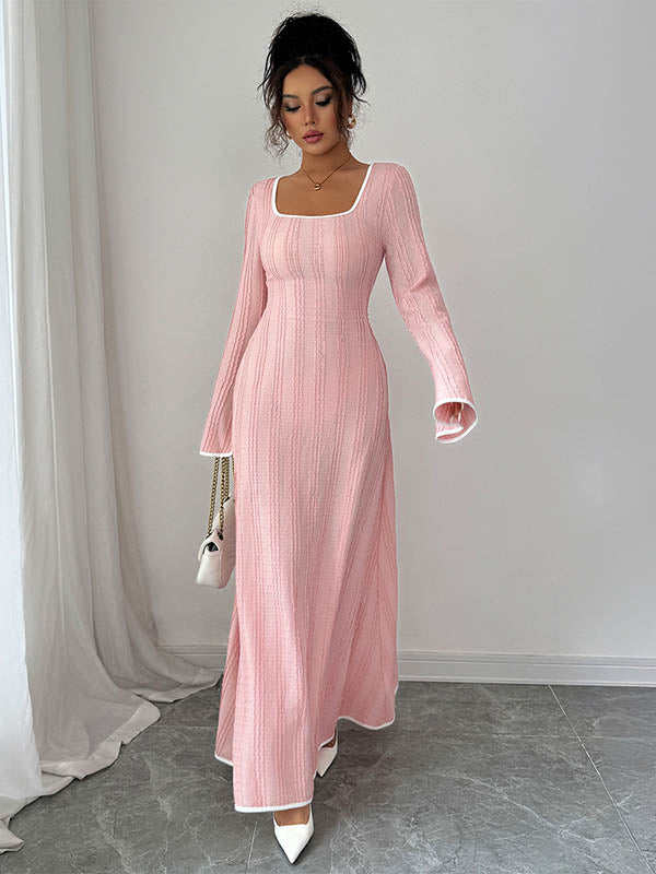 FJØRNA white A-line ribbed knit maxi dress with square neckline and split-joint design, elegant and form-fitting.