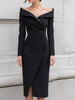 FJØRNA black off-shoulder structured midi dress with overlapping front slit, perfect for elegant women's evening wear.
