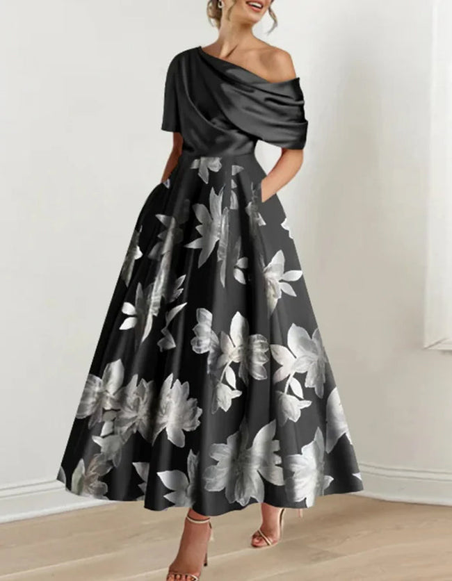 FJØRNA white satin midi dress for women, off-shoulder bodycon style with printed design, elegant and stylish evening wear.