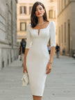FJØRNA elegant sculpted v-neck midi dress featuring a fitted silhouette and classic design, perfect for formal occasions.