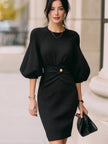 FJØRNA elegant sparkle knit puff-sleeve waist twist midi dress and leather midi dress, showcasing stylish two-tone design and fitted silhouette.