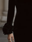 FJØRNA velvet mini dress featuring an embellished neckline and floral cuff details, perfect for elegant women’s dresses.