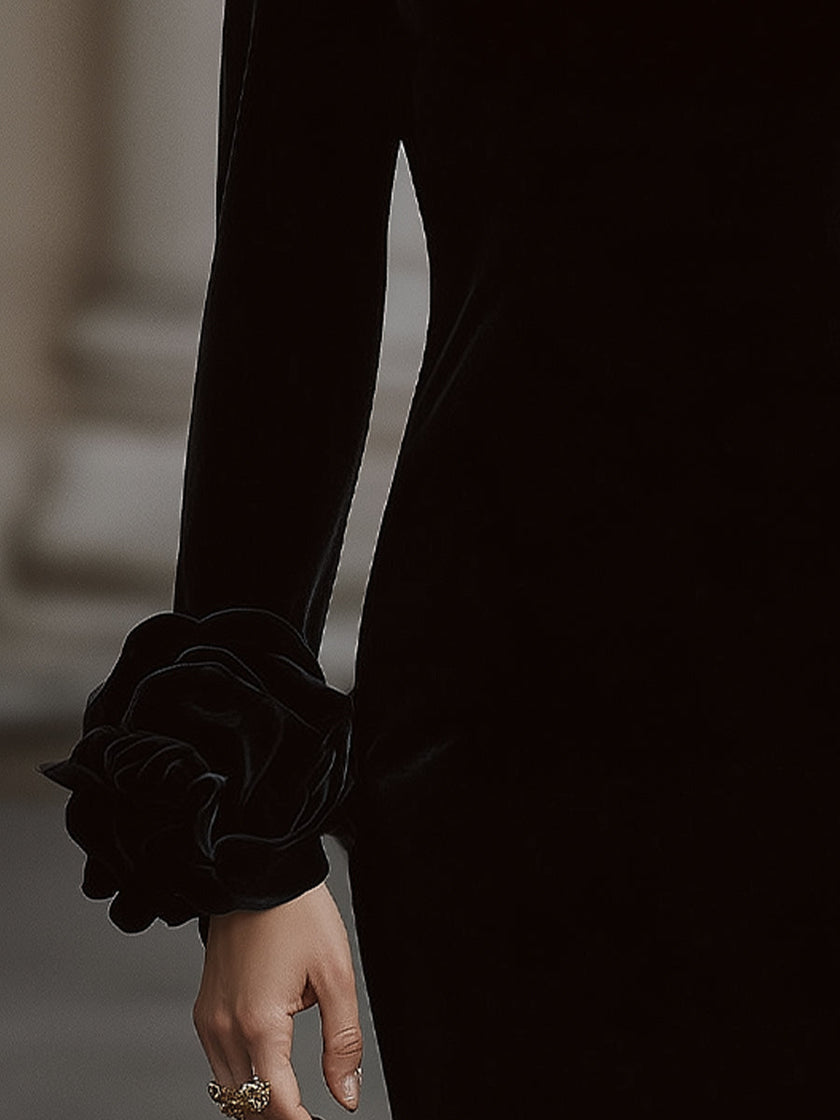 FJØRNA velvet mini dress featuring an embellished neckline and floral cuff details, perfect for elegant women’s dresses.