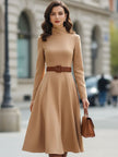 FJØRNA elegant camel turtleneck belted midi dress, stylish women's dress with long sleeves and a fitted waist.