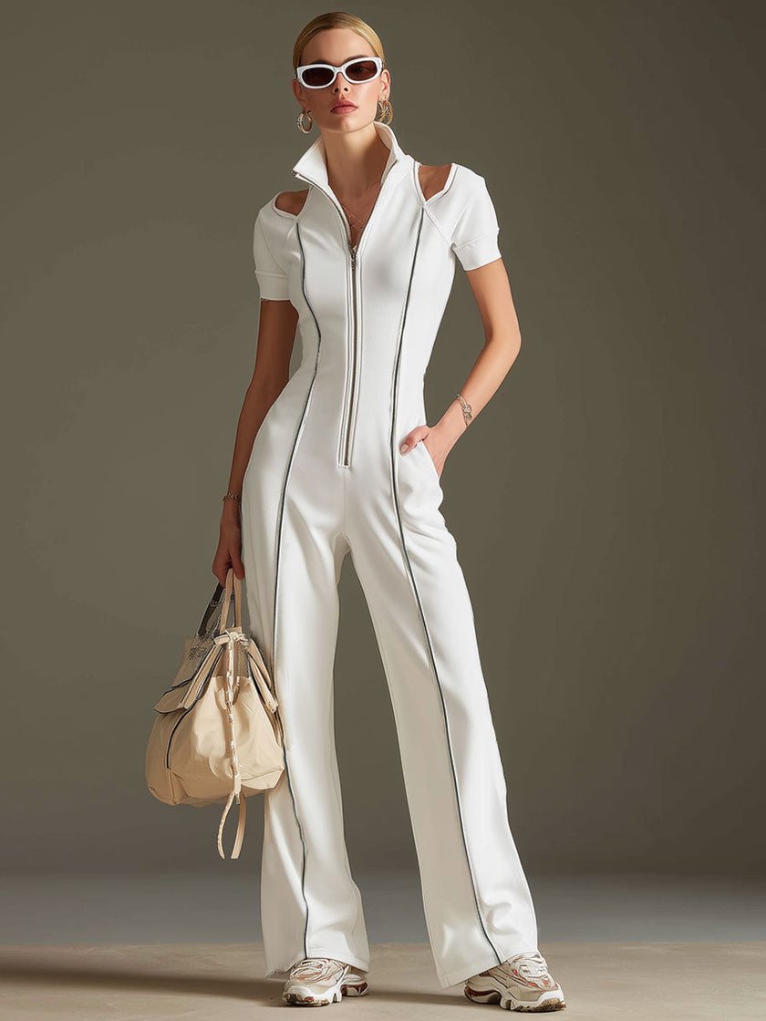White cotton blend short sleeve wide-leg jumpsuit by FJØRNA, featuring a relaxed fit and stylish design.