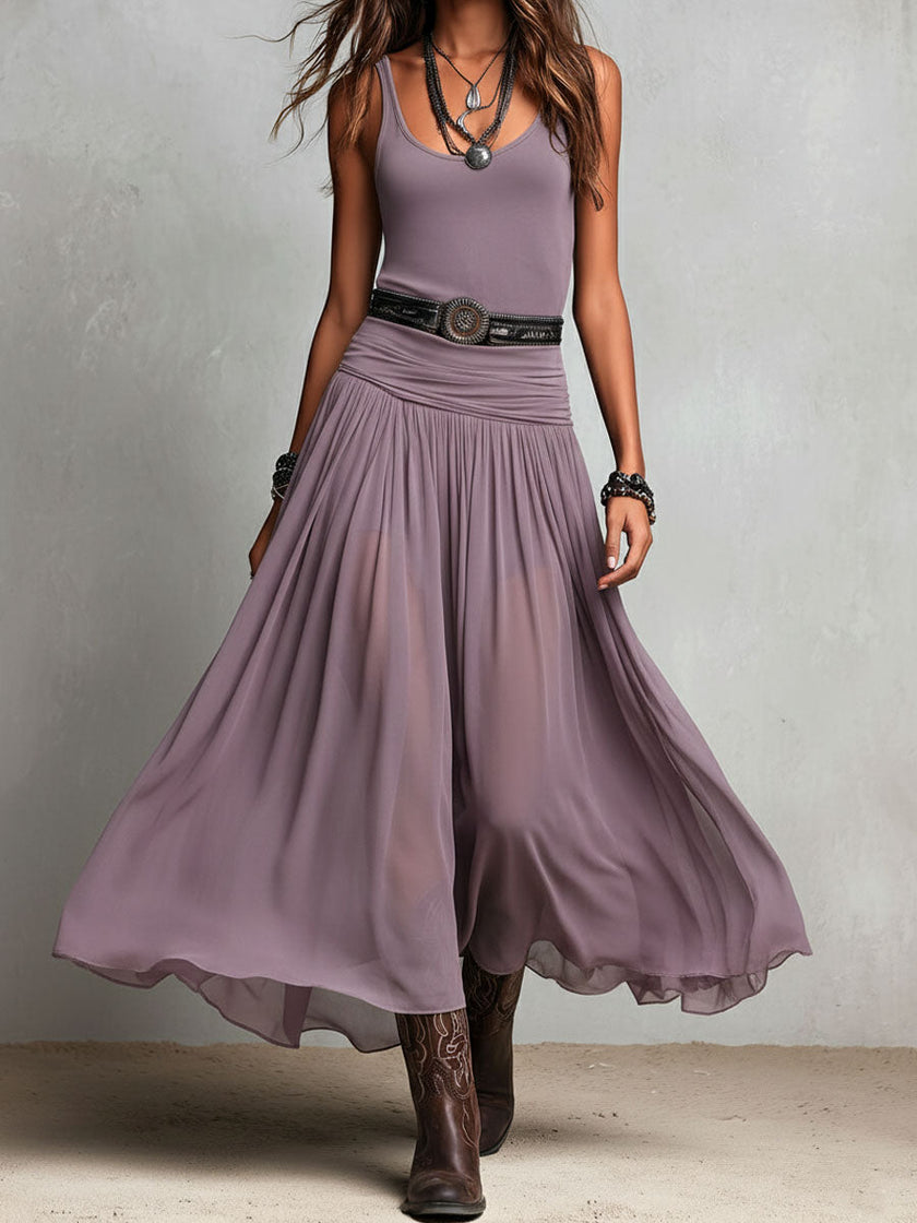 FJØRNA black maxi dress, casual long dress with flowing fabric, sleeveless design, perfect for summer or casual occasions