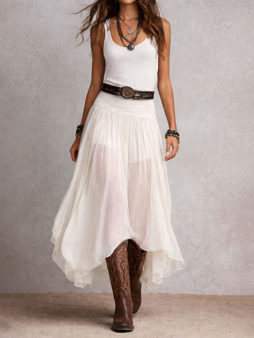 FJØRNA black maxi dress for casual wear, flowing fabric and sleeveless design, perfect for summer or relaxed occasions.
