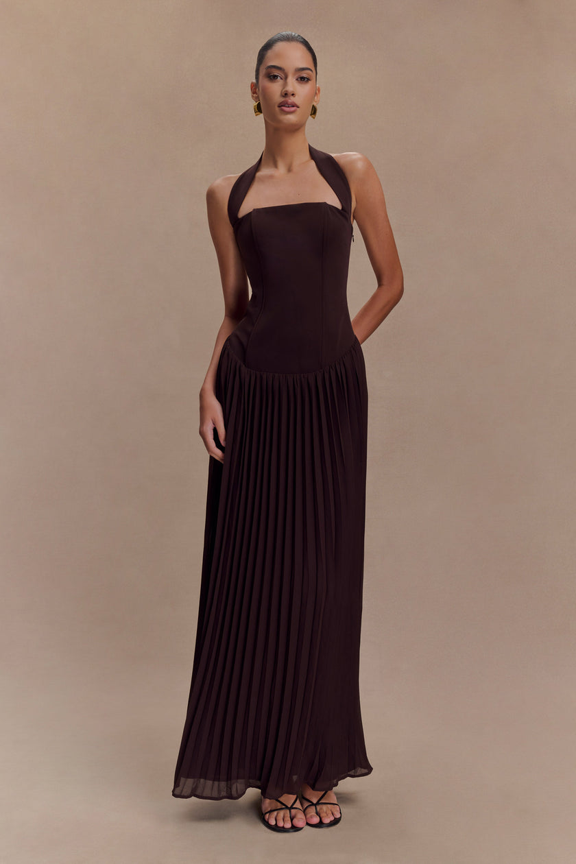 FJØRNA Studio | Pleated Halter Maxi Dress with Drop Waist