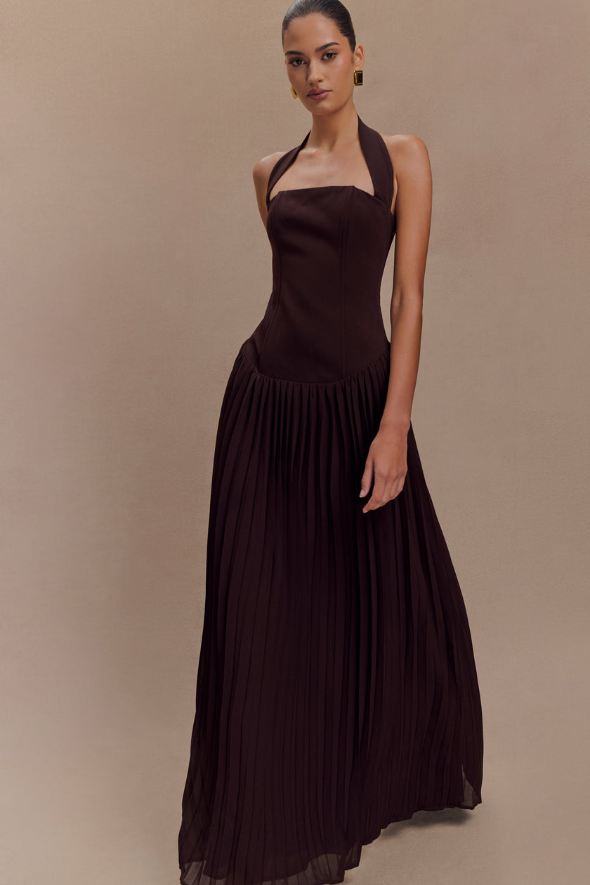 FJØRNA Studio | Pleated Halter Maxi Dress with Drop Waist