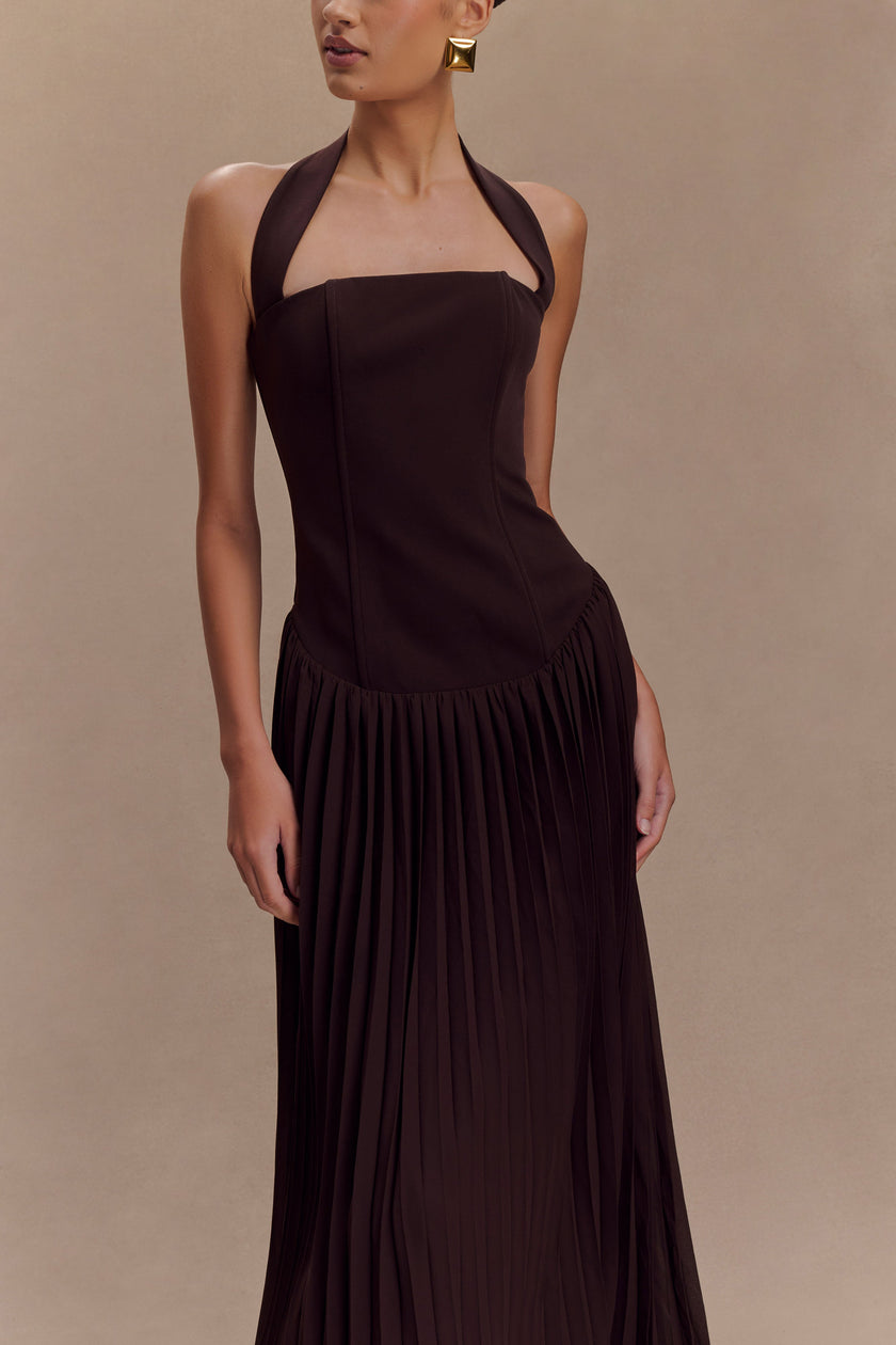 FJØRNA Studio | Pleated Halter Maxi Dress with Drop Waist