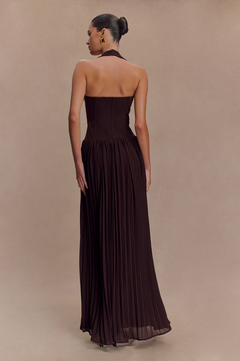 FJØRNA Studio | Pleated Halter Maxi Dress with Drop Waist