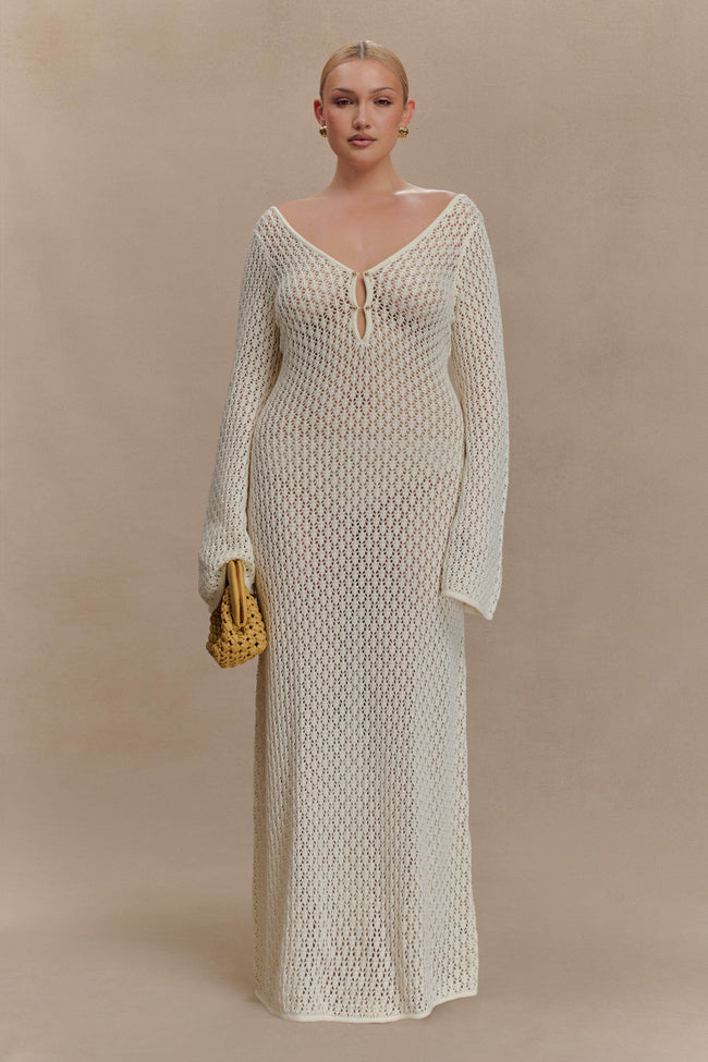 FJØRNA Studio | Crochet Maxi Dress with Flared Sleeves & Gold Details