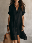 FJØRNA black linen midi dress featuring a relaxed boho style, effortless fit, and modern design.