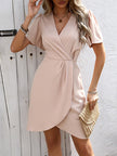 FJØRNA A-line short sleeve pleated solid color mini dress with V-neck and split-joint zipper detail