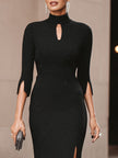 FJØRNA black keyhole front midi dress for women, stylish midi black dress with a keyhole neckline and elegant fit.
