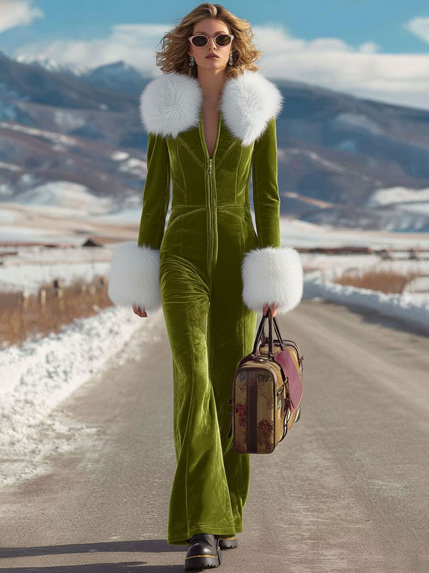 Rose red velvet faux fur collar flared jumpsuit by FJØRNA, featuring a stylish design and wide-leg silhouette.