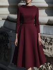 FJØRNA structured burgundy boat-neck midi dress for women, featuring a fitted silhouette and elegant design.