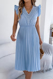 FJØRNA solid color V-neck lace-trimmed sleeveless pleated midi dress displayed on a model, showcasing casual elegance.