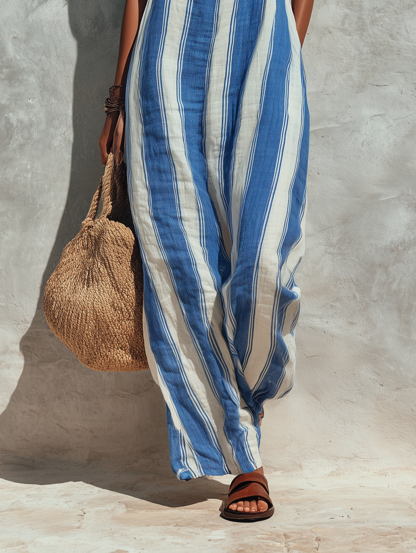 FJØRNA women's striped suspender jumpsuit with loose fit and wide-leg design, perfect for vacation style and casual wear.