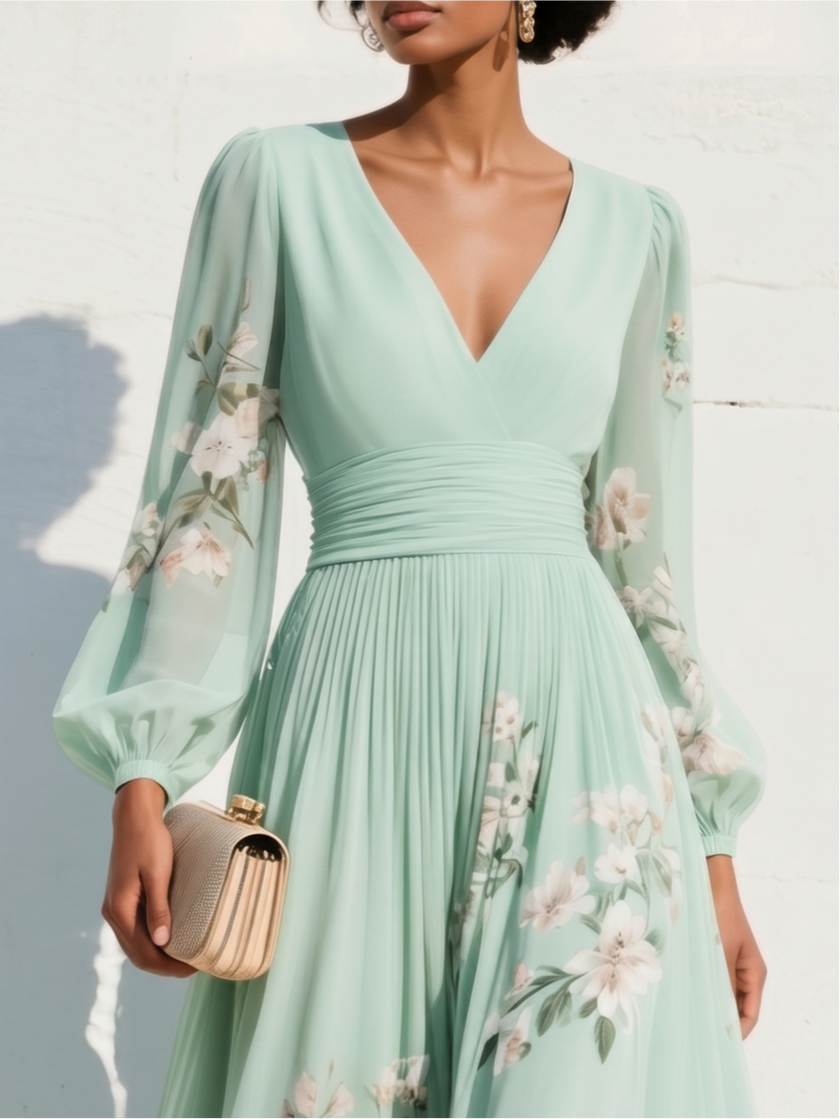 FJØRNA floral print long-sleeved V-neck pleated dress with elegant floral pattern and flowing fabric.