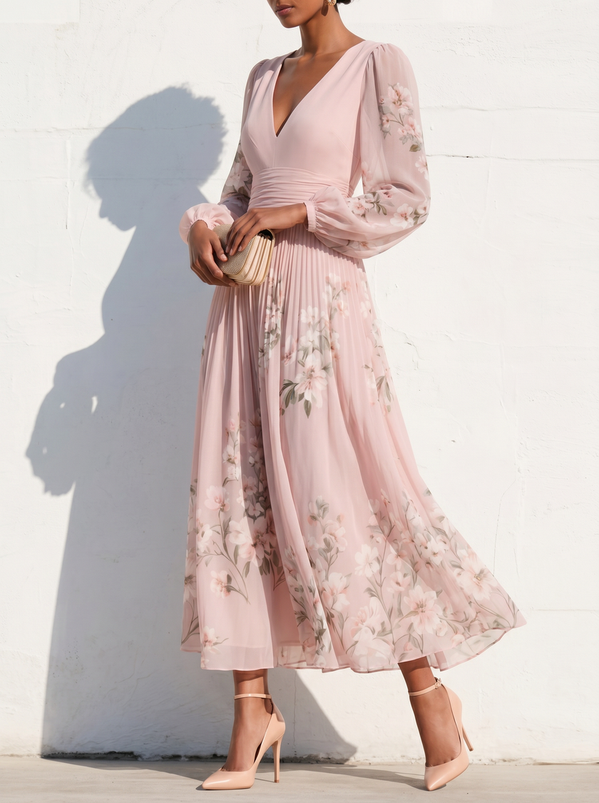 FJØRNA floral print long-sleeved V-neck pleated dress, elegant floral dress with a flowing silhouette and intricate print design.