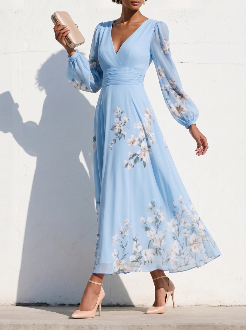 FJØRNA floral print long-sleeved V-neck pleated dress featuring a feminine silhouette and intricate floral pattern.