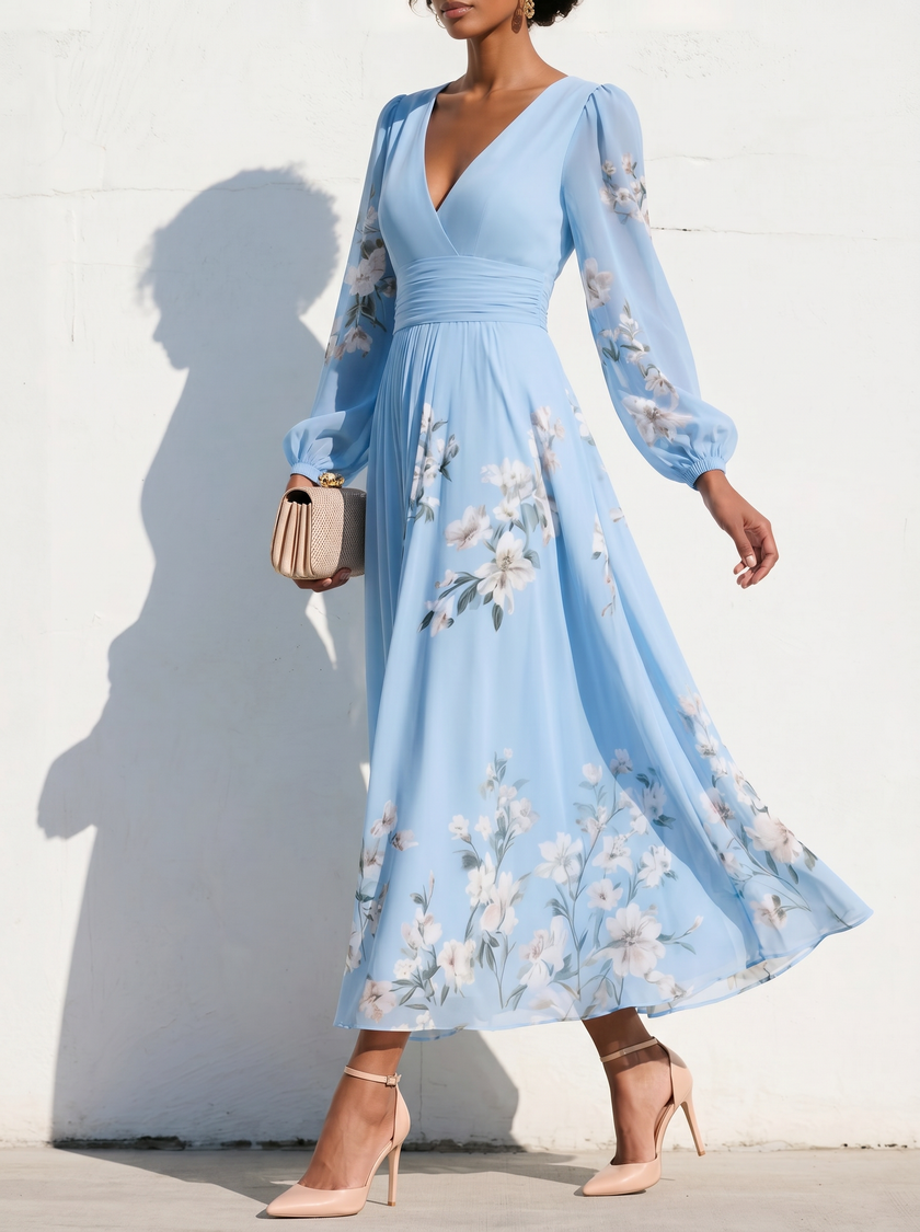 FJØRNA floral print long-sleeved V-neck pleated dress featuring an elegant design and vibrant floral pattern.