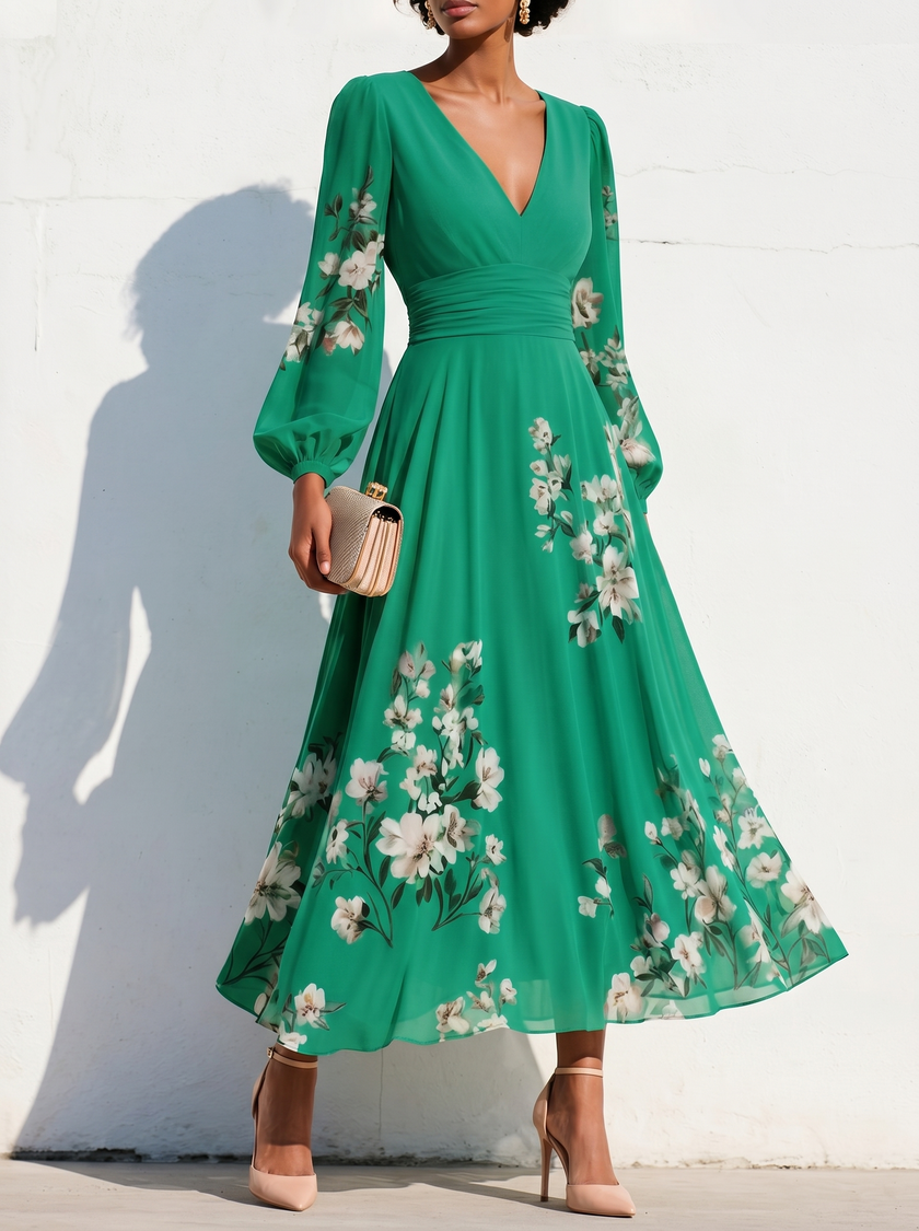 FJØRNA floral print long-sleeved V-neck pleated dress with elegant design and vibrant floral pattern.