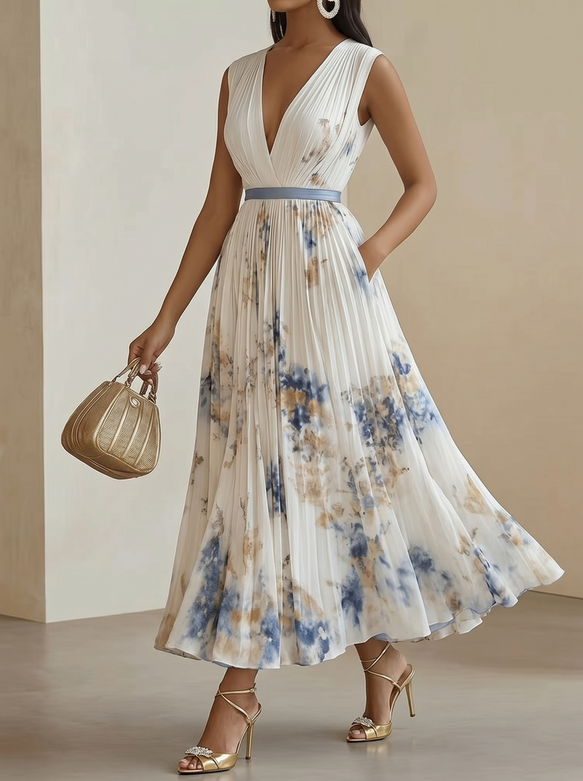 FJØRNA women's white printed V-neck sleeveless pleated dress, stylish and lightweight for summer wear.