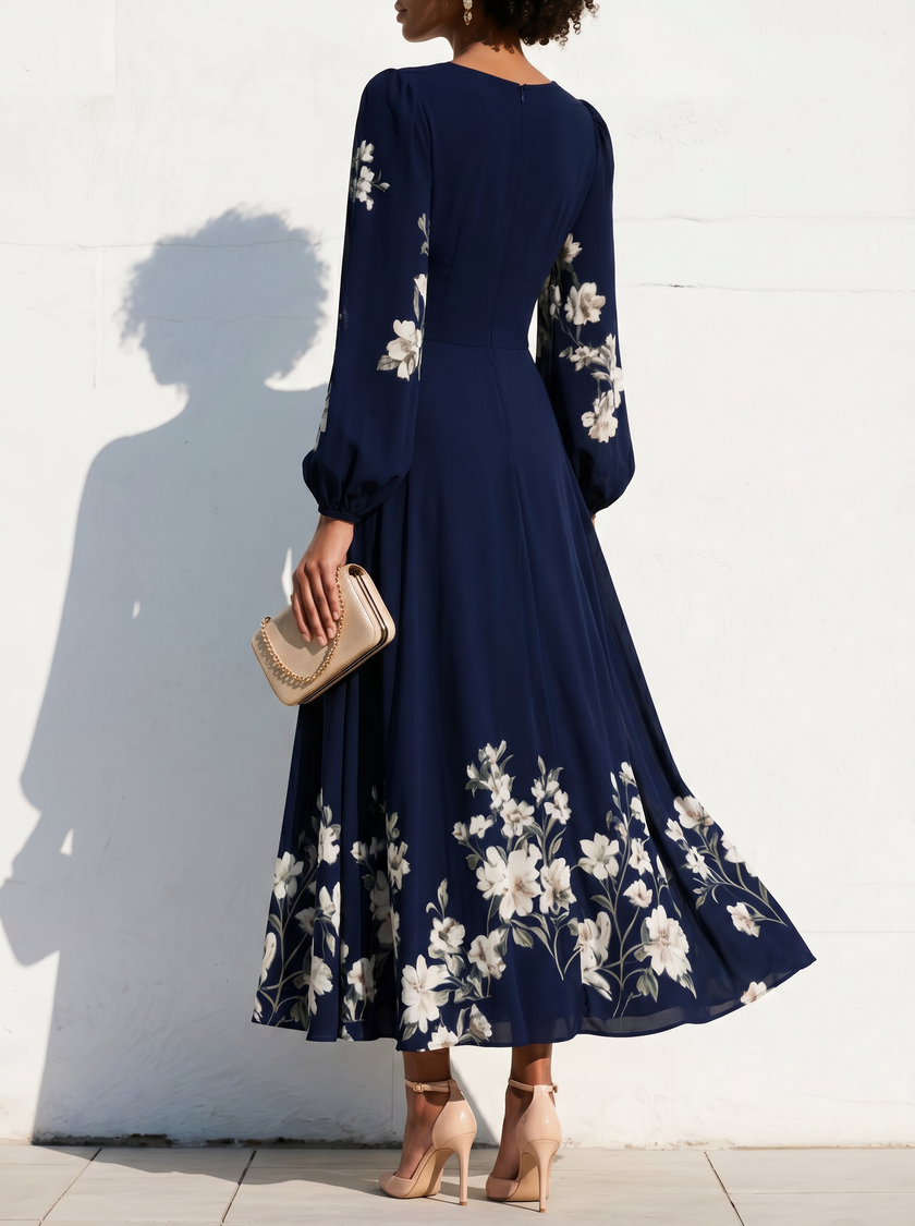 FJØRNA floral print long-sleeved V-neck pleated dress with elegant design and feminine style, showcasing a flowy silhouette.